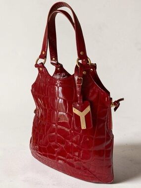 Yves Saint Laurent Red Patent Croc Shoulder Bag with Gold Y Tag
